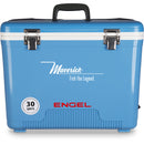A leak-proof blue cooler with the word Engel Coolers 30 Quart Drybox/Cooler - MBG on it.