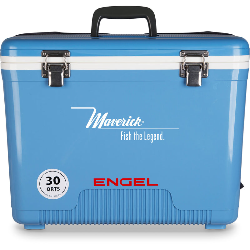 A leak-proof blue cooler with the word Engel Coolers 30 Quart Drybox/Cooler - MBG on it.