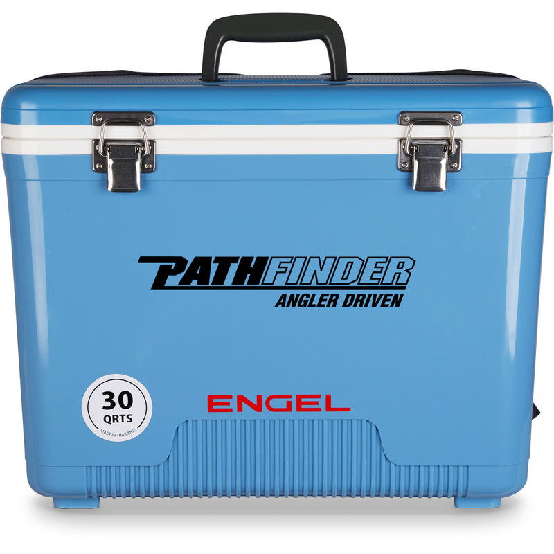 A blue, leak-proof Engel Coolers 30 Quart Drybox/Cooler with the word pathfinder on it.