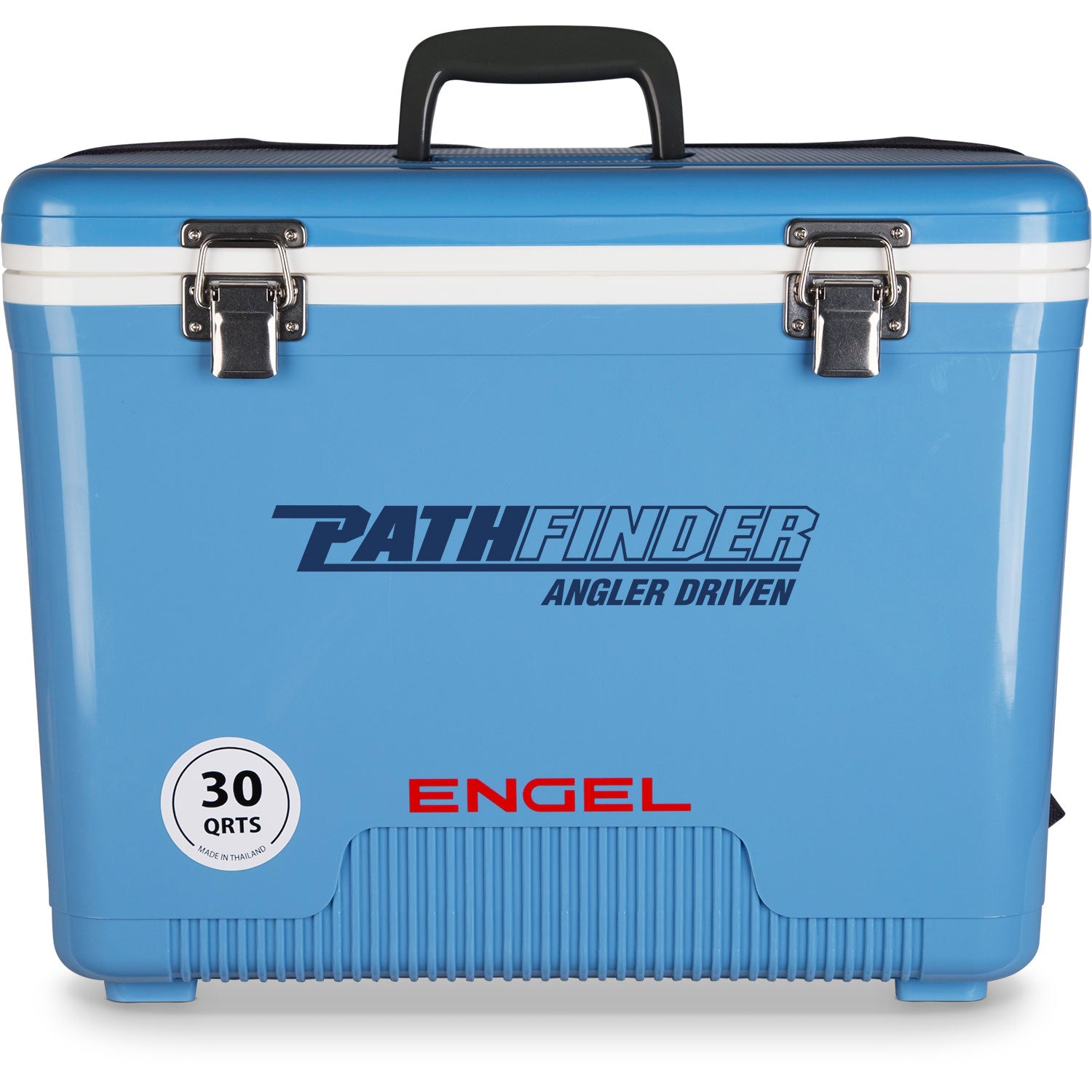 A blue, leak-proof Engel 30 Quart Drybox/Cooler with the word "pathfinder" on it.