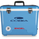 A leak-proof Engel 30 Quart Drybox/Cooler - MBG with the cobia logo on it.