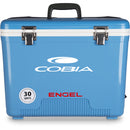A blue, leak-proof Engel 30 Quart Drybox/Cooler with the MBG logo on it.