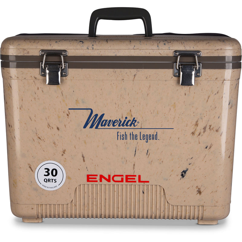 A leak-proof Engel 30 Quart Drybox/Cooler with the words maverick for the legend on it.