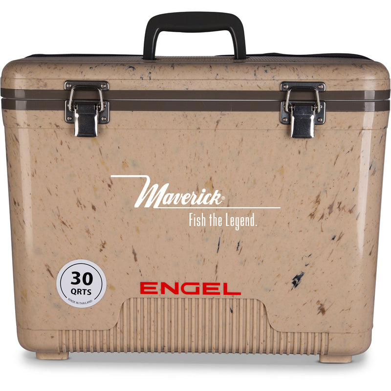 A leak-proof Engel 30 Quart Drybox/Cooler with the word Engel Coolers on it.