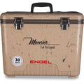 A leak-proof Engel 30 Quart Drybox/Cooler with the words Engel Coolers on it.