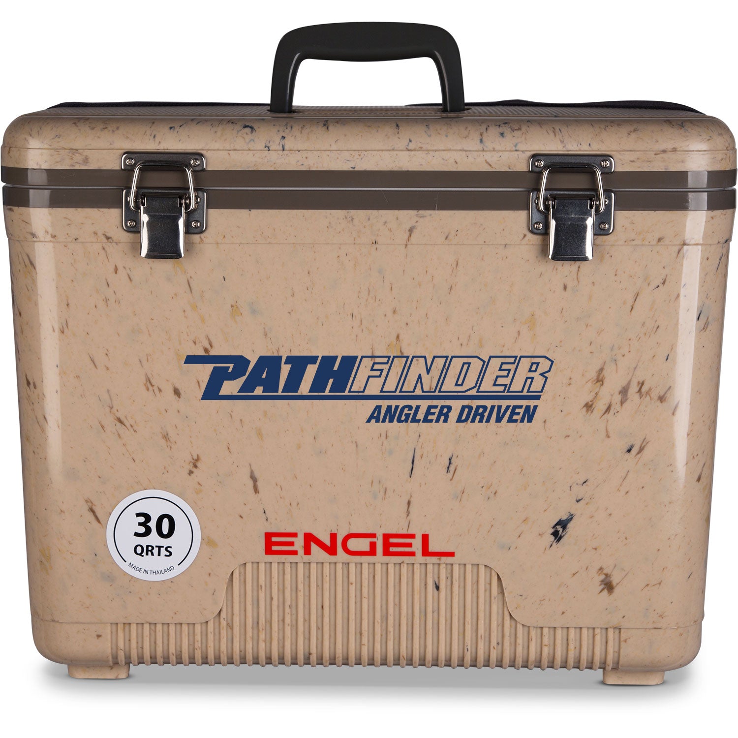 A leak-proof Engel 30 Quart Drybox/Cooler with the word "pathfinder" on it.