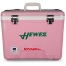 A pink leak-proof Engel Coolers cooler with the word hewes on it.