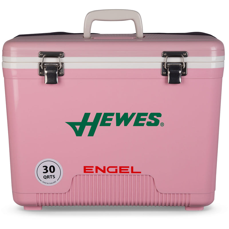 A pink leak-proof Engel Coolers cooler with the word hewes on it.