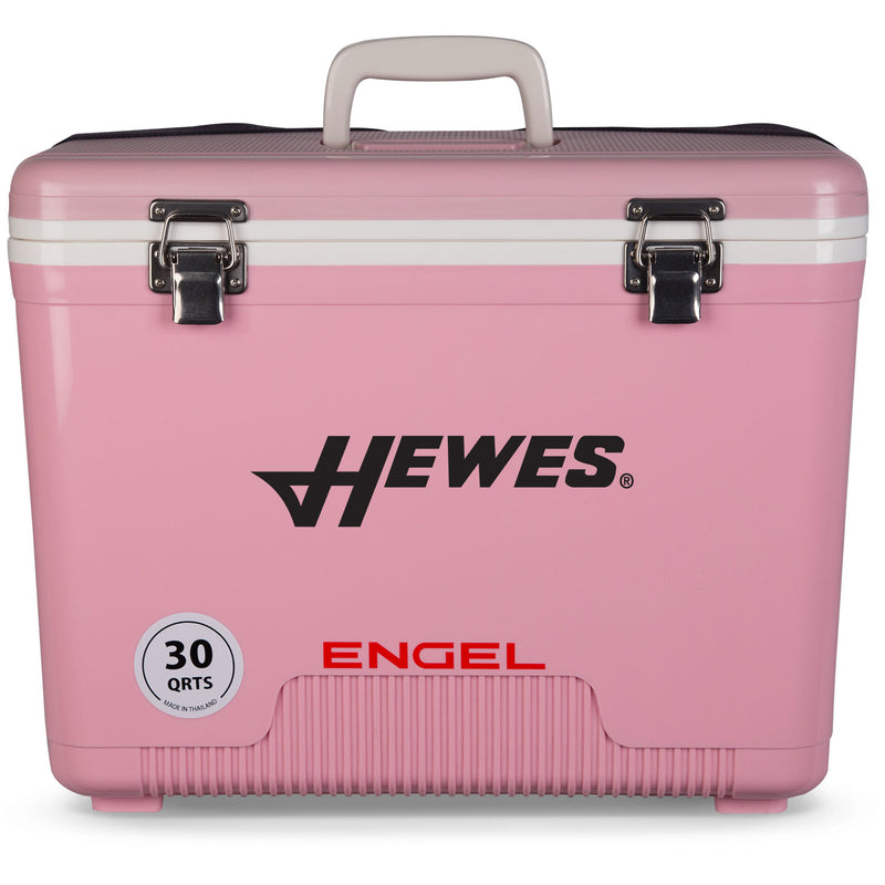 A pink, leak-proof cooler with the word Engel Coolers on it.