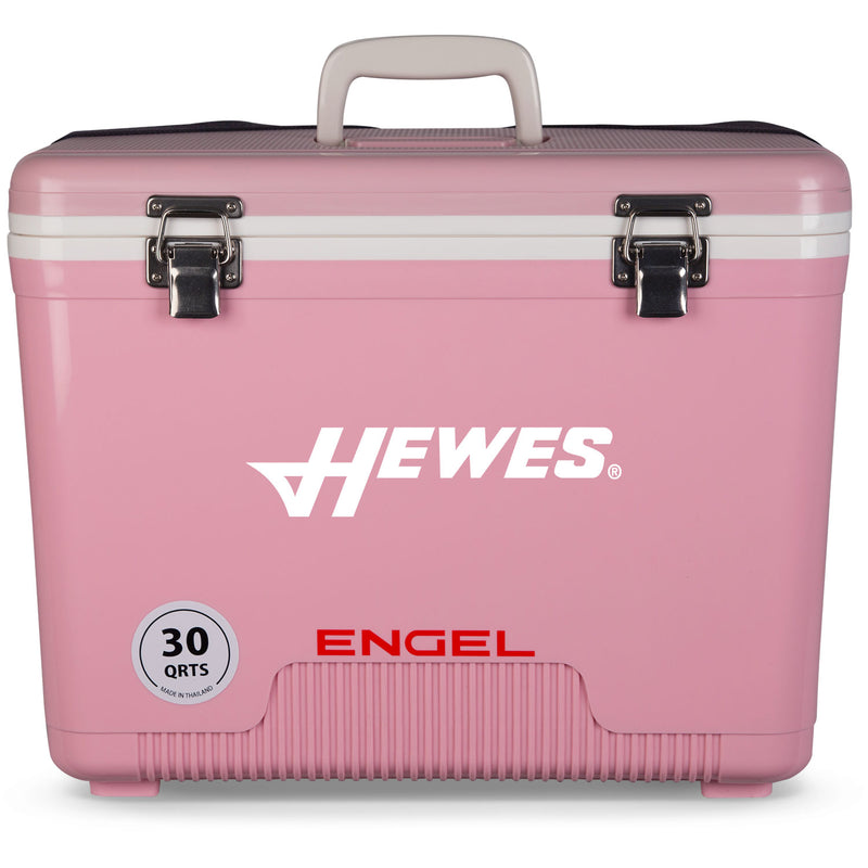 A pink, leak-proof Engel 30 Quart Drybox/Cooler - MBG with the word Hewes on it.