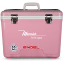 A pink, leak-proof cooler with the word Engel Coolers 30 Quart Drybox/Cooler - MBG on it.