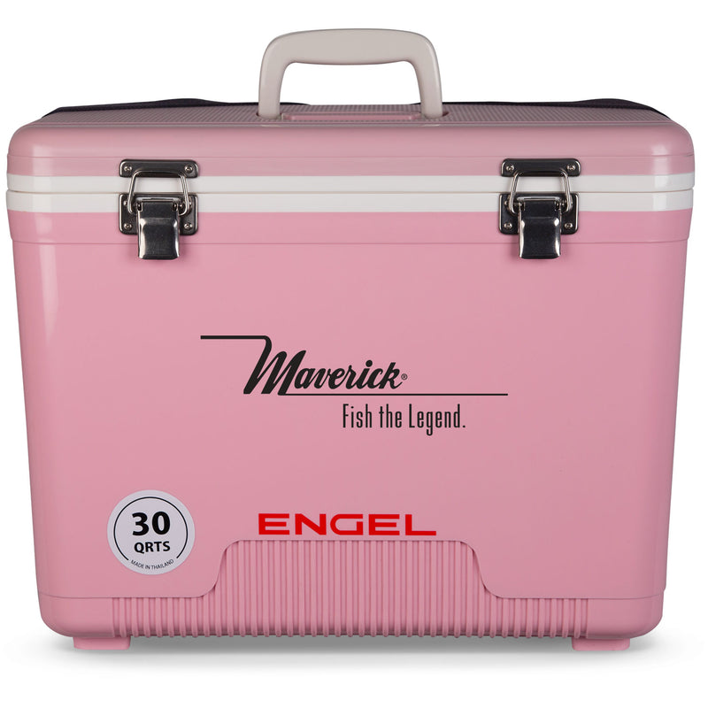 A pink, leak-proof cooler with the words Engel Coolers fish the legend.
