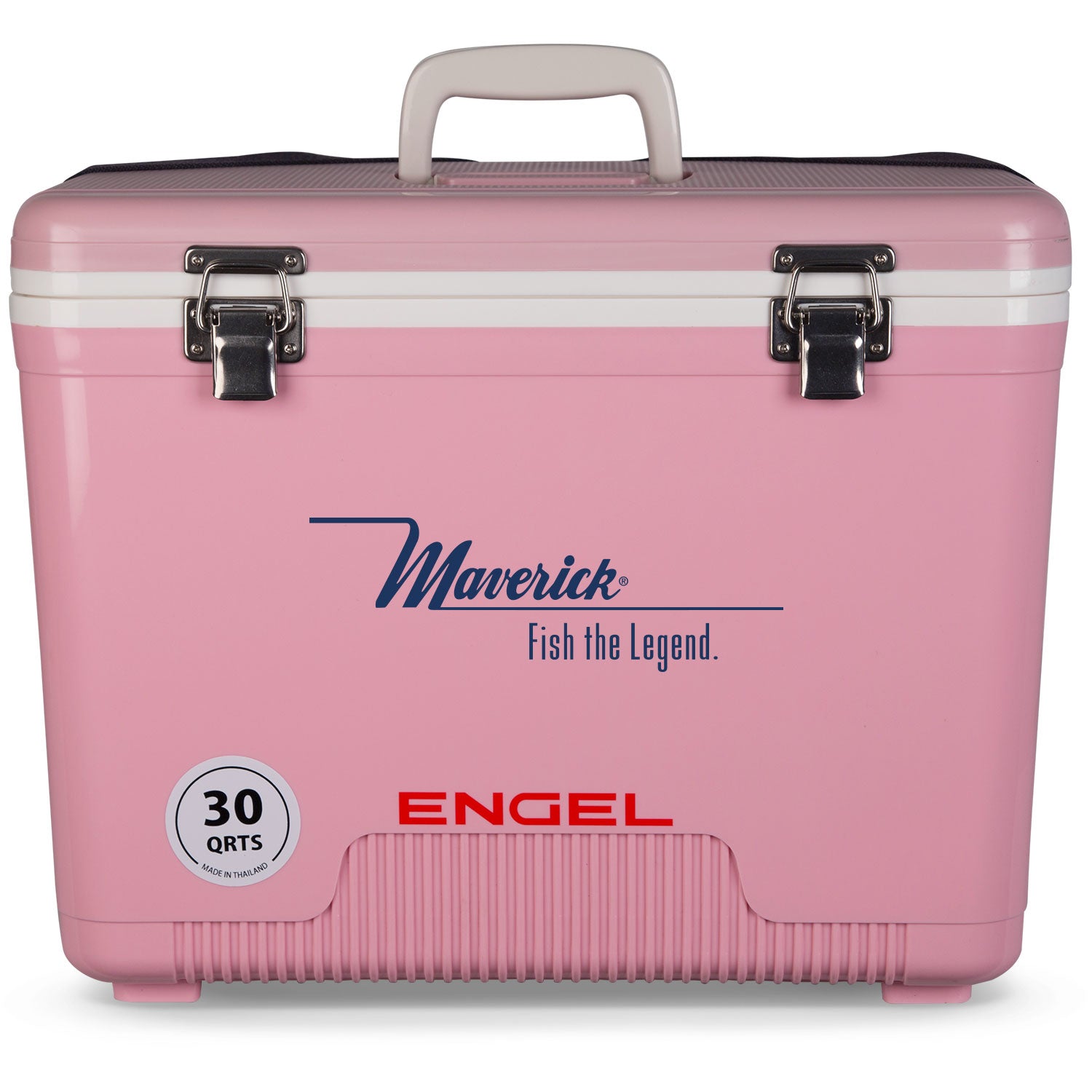 A leak-proof, pink cooler with the word Engel Coolers 30 Quart Drybox/Cooler - MBG on it.