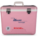 A leak-proof, pink cooler with the word Engel Coolers 30 Quart Drybox/Cooler - MBG on it.