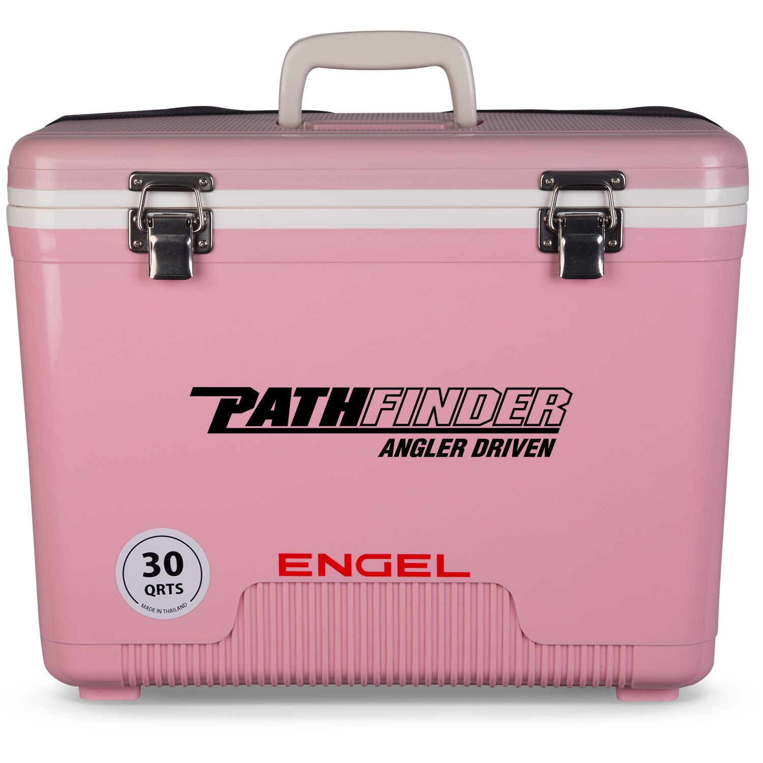 A pink, leak-proof Engel Coolers 30 Quart Drybox/Cooler with the word pathfinder on it.