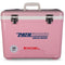 A leak-proof pink Engel Coolers 30 Quart Drybox/Cooler with the word pathfinder on it.