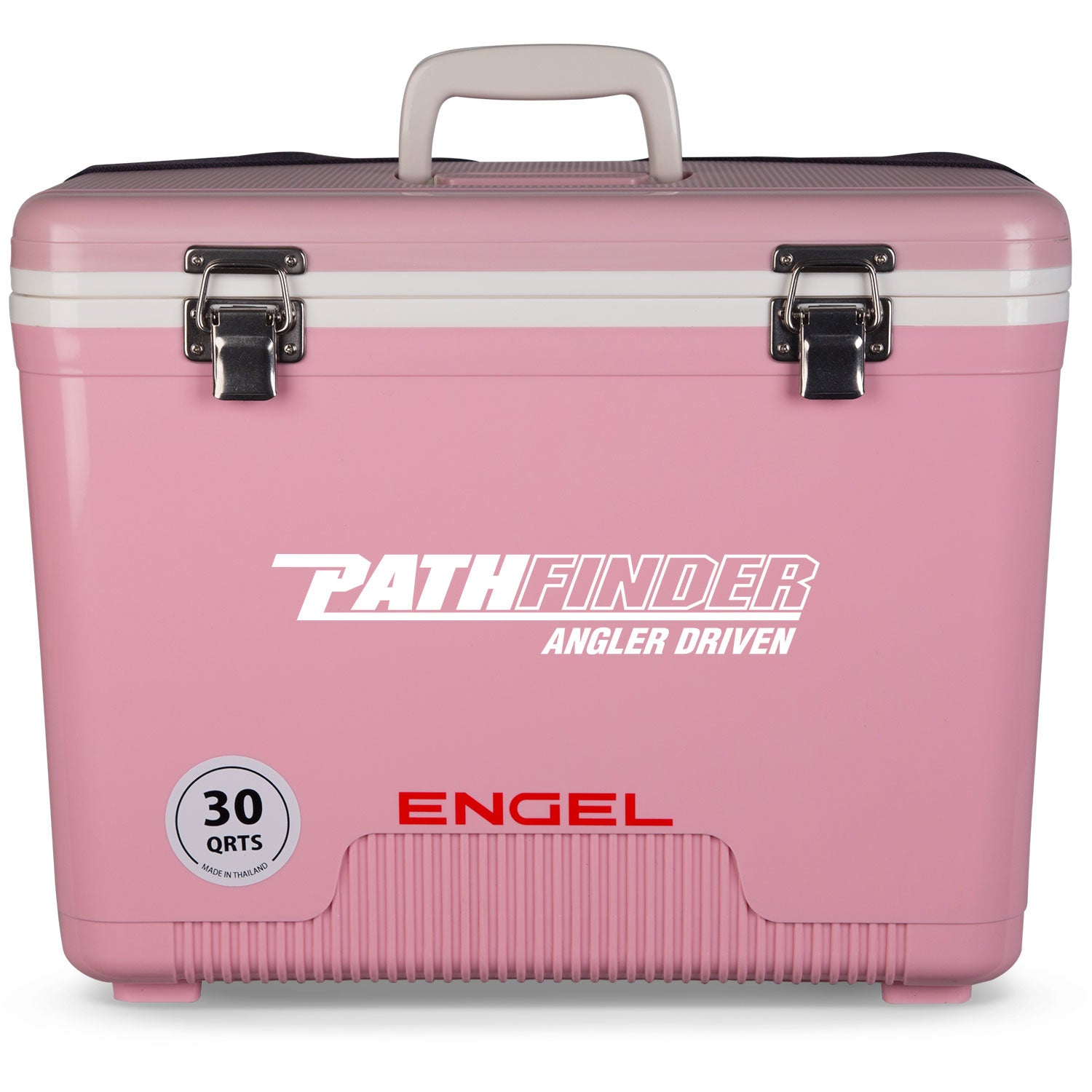 A pink, leak-proof Engel 30 Quart Drybox/Cooler - MBG with the word "pathfinder" on it.