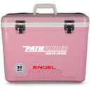 A pink, leak-proof Engel 30 Quart Drybox/Cooler - MBG with the word "pathfinder" on it.