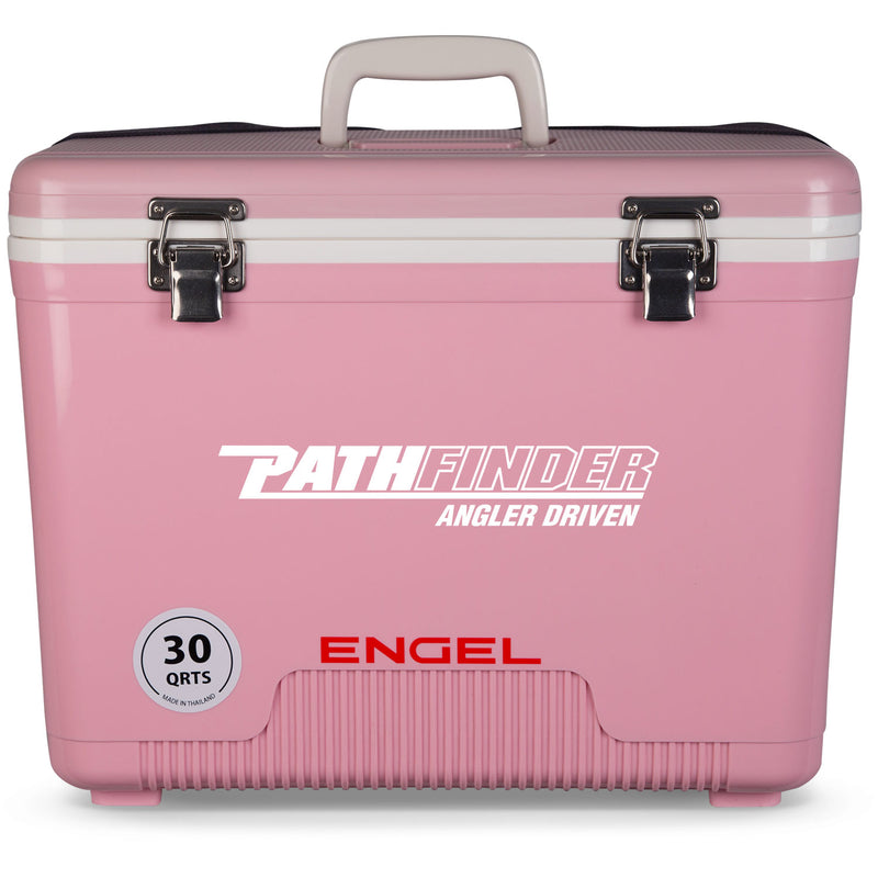A pink, leak-proof Engel 30 Quart Drybox/Cooler - MBG with the word "pathfinder" on it.
