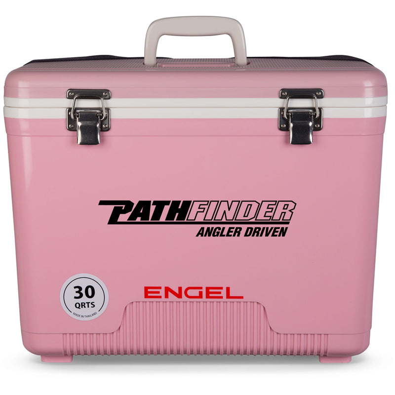 A pink, leak-proof Engel Coolers 30 Quart Drybox/Cooler with the word pathfinder on it.
