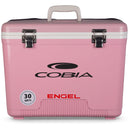 A pink, leak-proof Engel Coolers 30 Quart Drybox/Cooler with the word "cobia" on it.