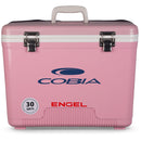 A pink, leak-proof Engel 30 Quart Drybox/Cooler with the MBG logo on it.