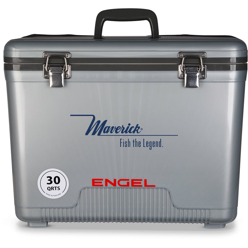 A gray, leak-proof cooler with the words Engel Coolers on it, designed for hunters.