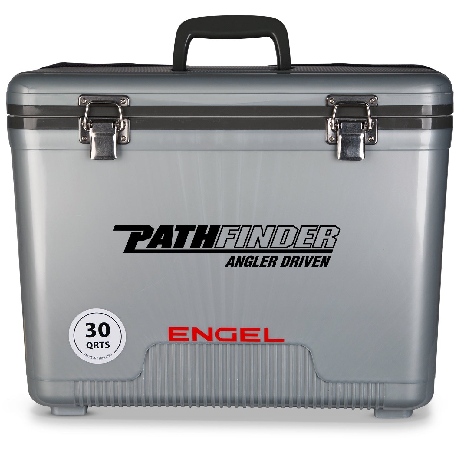 A gray, leak-proof Engel 30 Quart Drybox/Cooler - MBG with the word "pathfinder" on it.