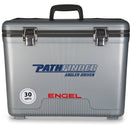 A gray leak-proof cooler with the word Engel Coolers on it.