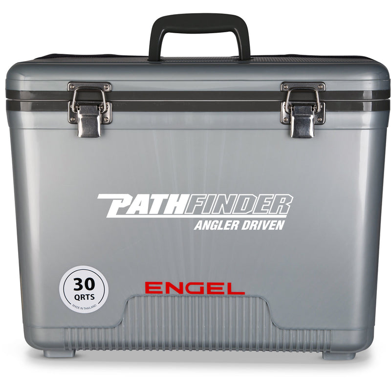 A gray, leak-proof Engel 30 Quart Drybox/Cooler with the word pathfinder on it.