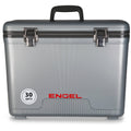 A grey Engel Coolers 30 Quart Drybox/Cooler with a black handle.