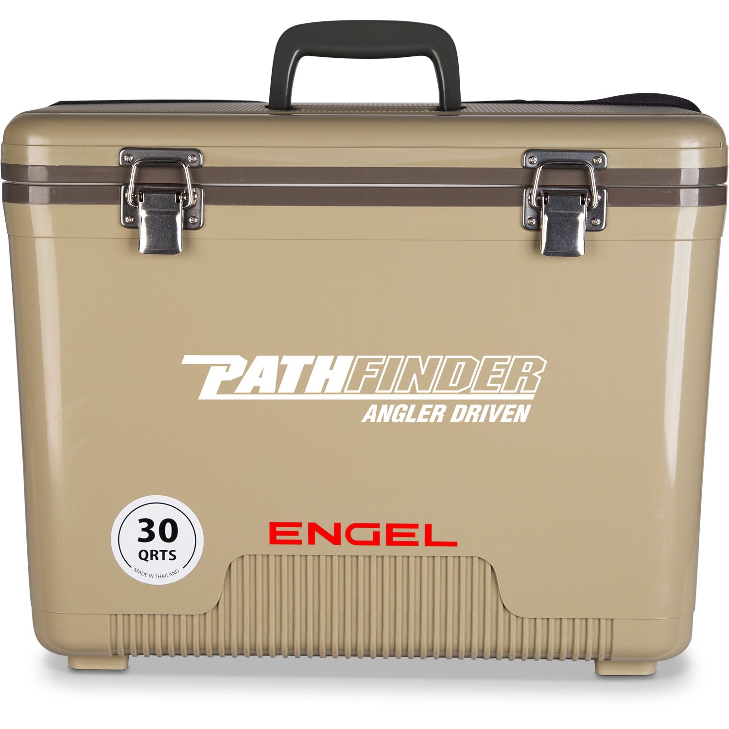 A tan, leak-proof cooler with the word Engel Coolers on it.