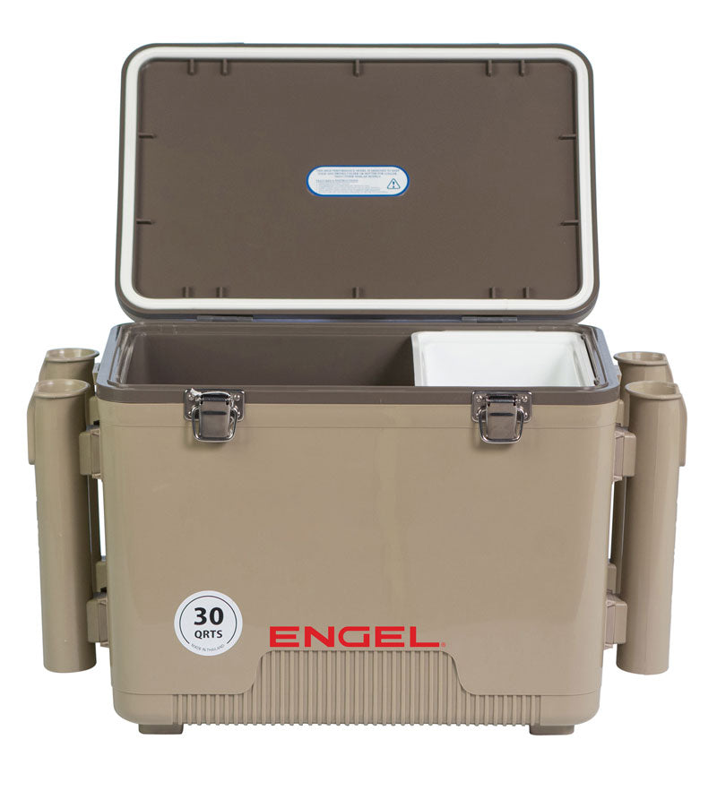 The leak-proof Engel 30 Quart Drybox/Cooler with Rod Holders is shown on a white background.