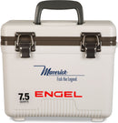 A white, leak-proof Engel Coolers with the word Engel on it.