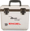 A white, leak-proof cooler with the word Engel Coolers on it, perfect for the outdoors.