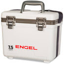 A white Engel 7.5 Quart Drybox/Cooler with the word Engel Coolers on it.