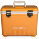 An orange Engel Coolers 13 Quart Drybox/Cooler with the word Engel on it.
