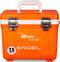 An orange, leak-proof cooler with the word Engel Coolers on it.