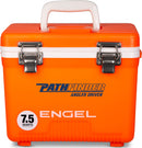 An orange, leak-proof cooler with the Engel 7.5 Quart Drybox/Cooler - MBG on it, perfect for any outdoor adventure.