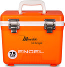 An orange, leak-proof cooler with the word Engel on it.
