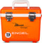 An orange, leak-proof cooler with the word Engel on it.