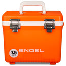 An orange Engel Coolers 7.5 Quart Drybox/Cooler with the word engel on it.
