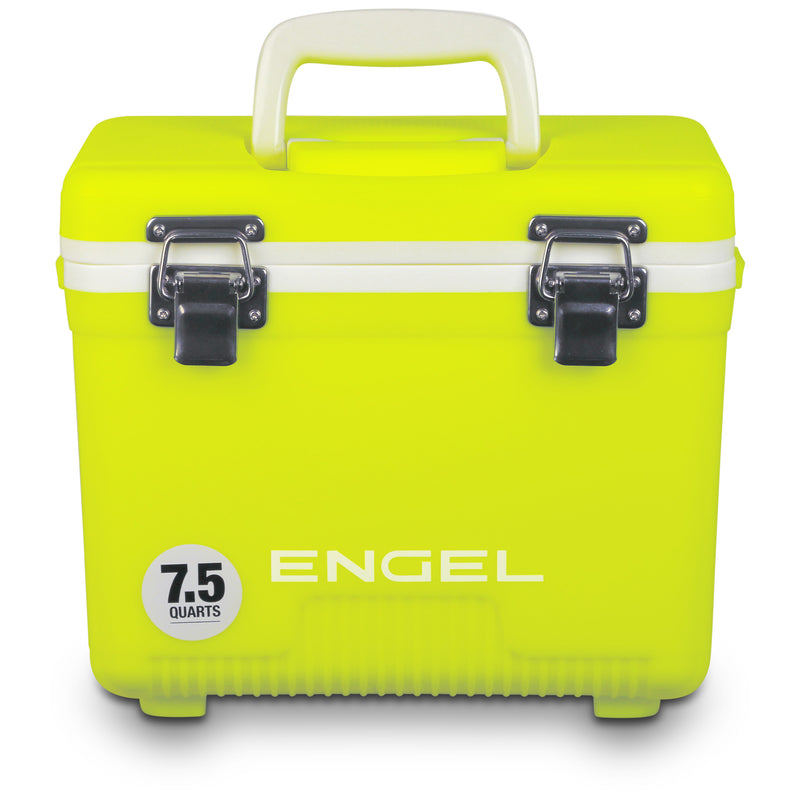 A yellow airtight Engel Coolers 7.5 Quart Drybox/Cooler with the word engel on it.