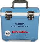 The Engel Coolers Engel 7.5 Quart Drybox/Cooler - MBG is blue and has a handle.
