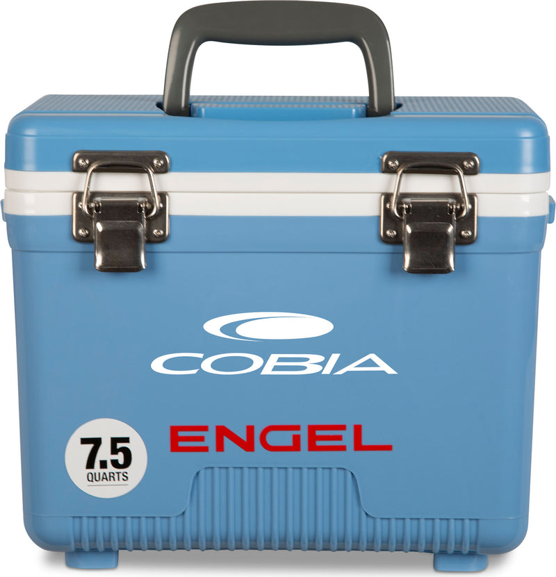 The Engel Coolers 7.5 Quart Drybox/Cooler - MBG, perfect for any outdoor adventure, is blue and has a leak-proof handle.