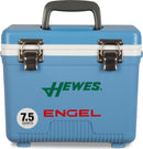A blue, leak-proof Engel 7.5 Quart Drybox/Cooler with the word Engel Coolers on it, perfect for any outdoor adventure.