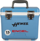 A blue, leak-proof cooler with the word Engel Coolers on it.
