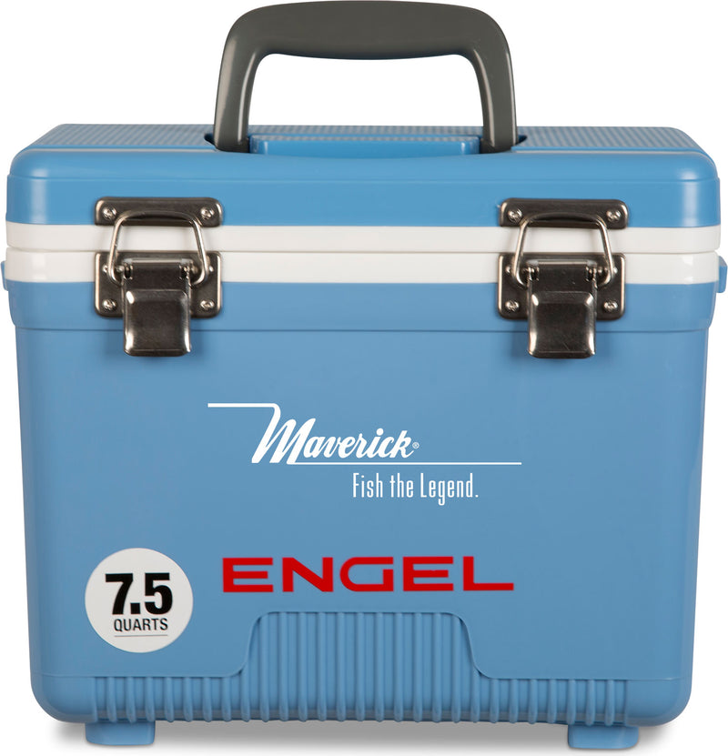 A leak-proof Engel 7.5 Quart Drybox/Cooler in blue and white by Engel Coolers.