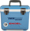 A leak-proof blue Engel Cooler with the word Engel on it, perfect for your next outdoor adventure.