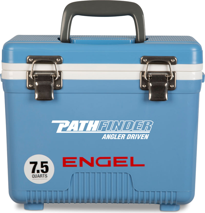 A leak-proof, blue Engel Coolers 7.5 Quart Drybox/Cooler - MBG with the word Engel on it, perfect for any outdoor adventure.